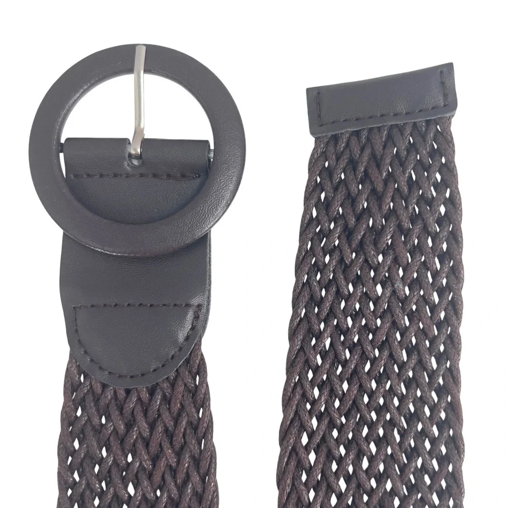 Womens‎ Woven Braided Belt Waxed Cord Brown Round Buckle Wide Waist 38in L